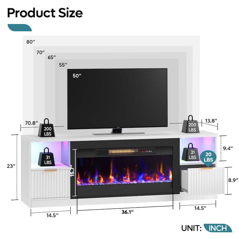 Bestier 71 in. Fluted Glossy White TV Stand with Electric Fireplace Fits TV Up to 75 in. Entertainment Center with Cabinet