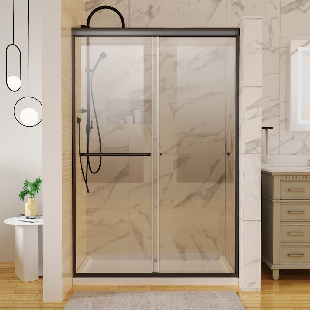 48'' x 72'' Glass Semi-Frameless Double Sliding Shower Tub Door in Matte Black/Brushed Nickel
