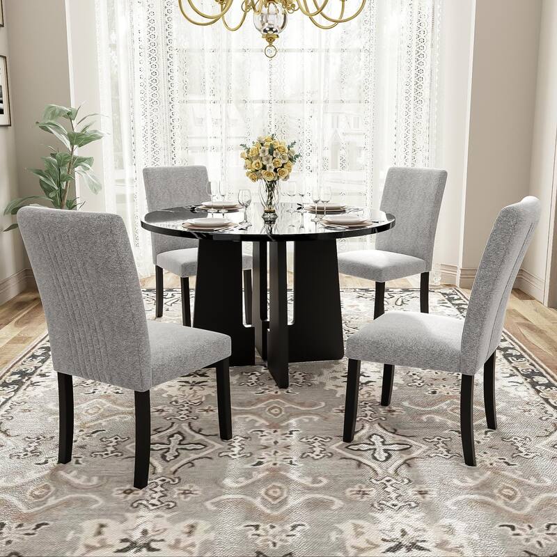 5-Piece Round Dining Table Set, 43-Inch Modern Dining Table And 4 Upholstered Chairs - Grey+Black