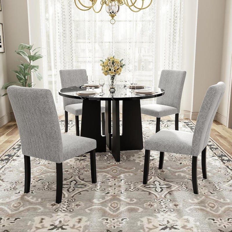 5-Piece Round Dining Table Set with Marble Veneer Table & Upholstered Chairs, Kitchen Set H-shape Legs, Adjustable Feet