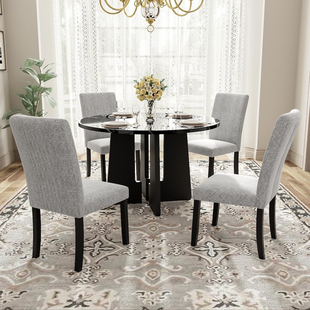 Round Dining Table for 4-6 People, Kitchen Table with Faux Marble Top, Coffee Table for Dining Room, Living Room - Black