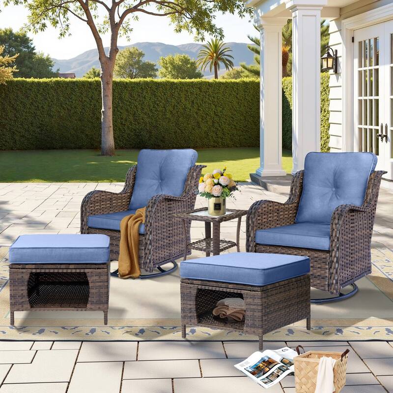5 Piece Outdoor Wicker Patio Furniture Swivel Chair with Ottoman Set