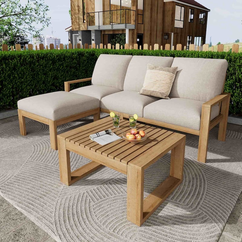 3-Piece Outdoor Wood Sectional Sofa Set with Coffee Table, Cushions - 3-Piece