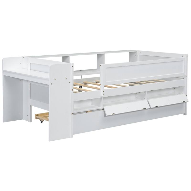 Multi-Functional Twin Size Daybed with 2 Drawers and Twin Size Trundle, Wooden Sofa Bed Frame w/ Headboard Storage & Study Desk
