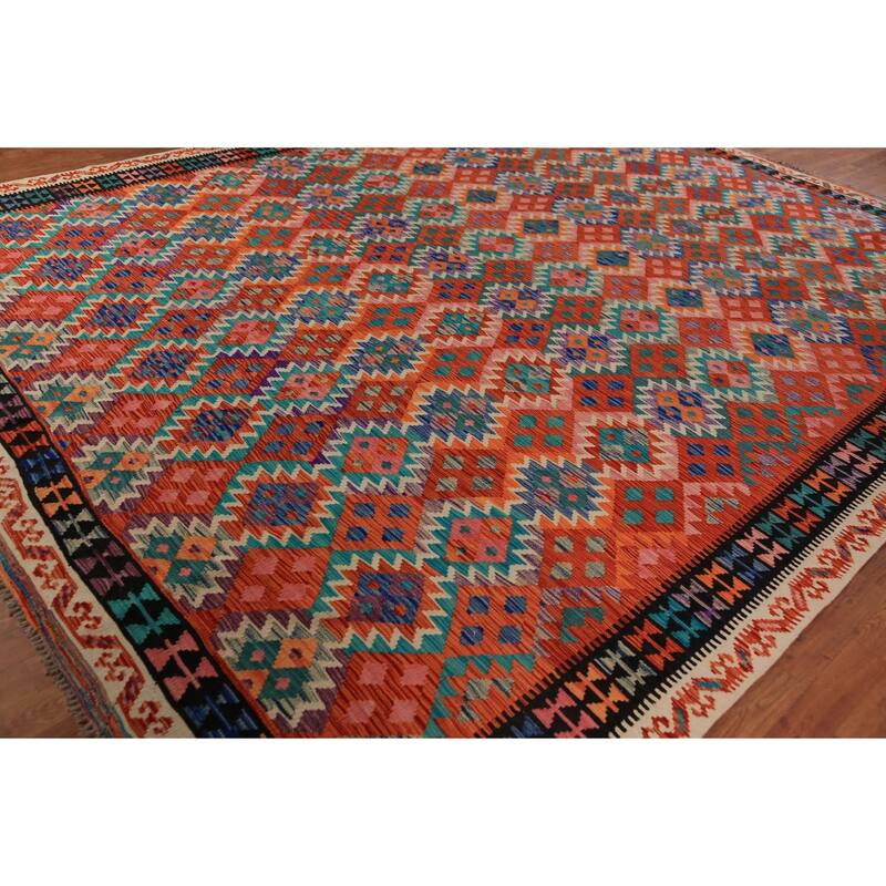 Reversible Kilim Oriental Rug Hand-Woven Geometric Wool Carpet - 10'8"x 13'3"