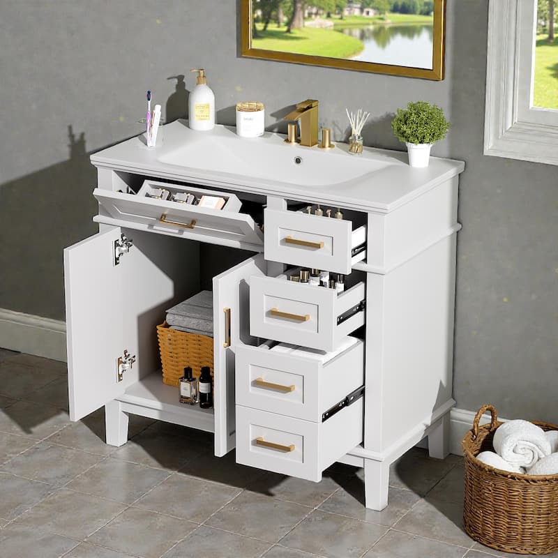 36 Inch White Bathroom Vanity with Ceramic Sink, Modern Freestanding Cabinet with Soft Close Doors and 4 Drawers