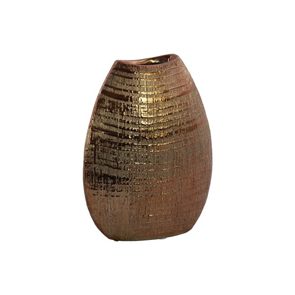 Ceramic Biconvex Crescent Ribbed Design Vase, Distressed Copper Finish