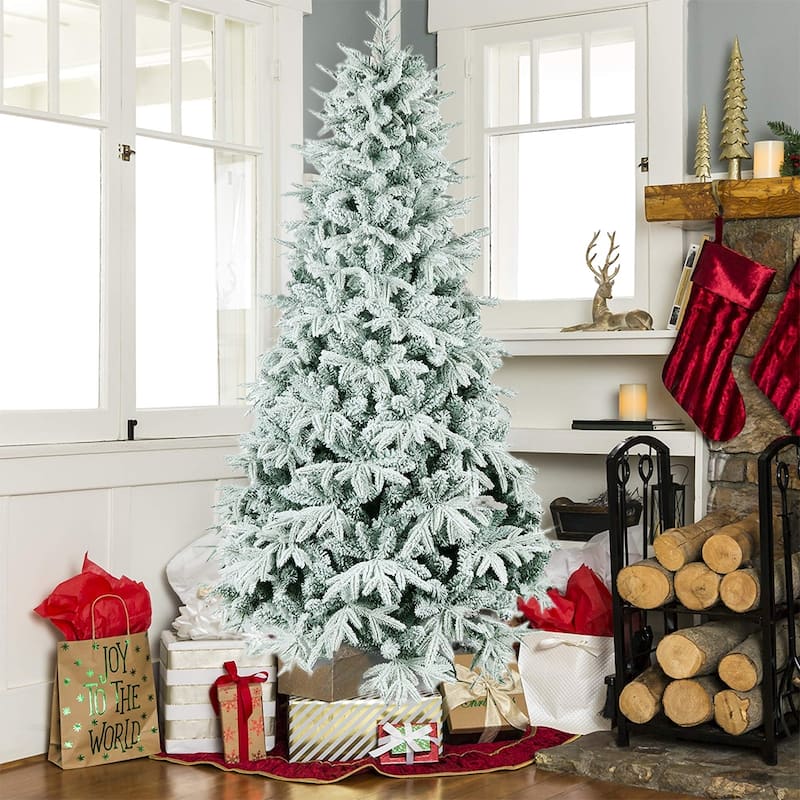 7FT Flocked Christmas Tree, Unlit Hinged, Snow Realistic Xmas Tree