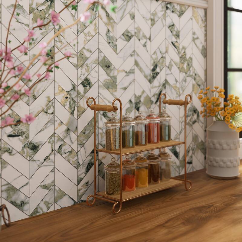 Merola Tile Touche Chevron Jade 11-3/4" x 12-1/4" Porcelain Mosaic Floor and Wall Tile - (1 Tile)