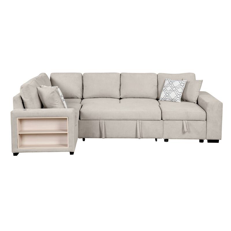 Beige 109" U-Shaped 6-Seat Sofa with Pull-Out Bed and Storage Chaise