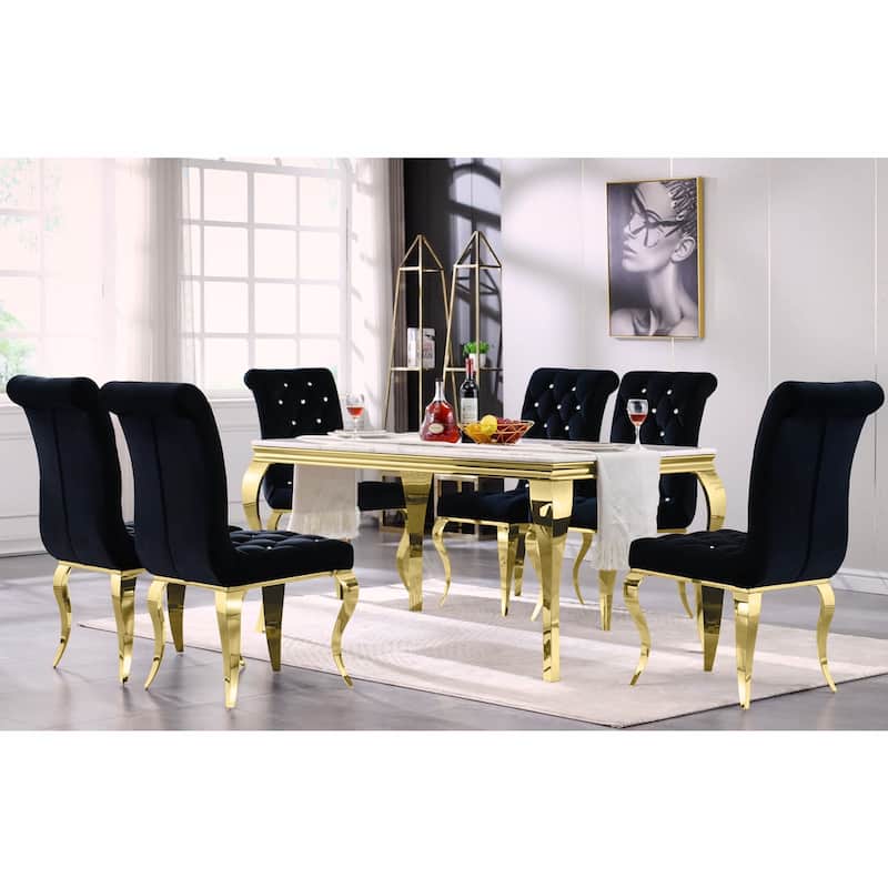 Velvet Upholstered Chairs with Crystal Decor Button Tufted back and Mirror metal Cabriole Legs