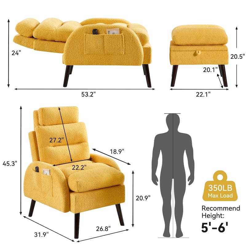 HOMYKA Accent Lounge Chair with Adjustable Backrest Storage Ottoman