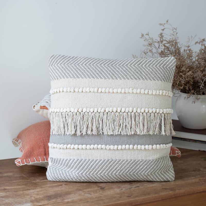 Handwoven Striped Square Throw Pillow with Fringes - 20" - Cream and Gray