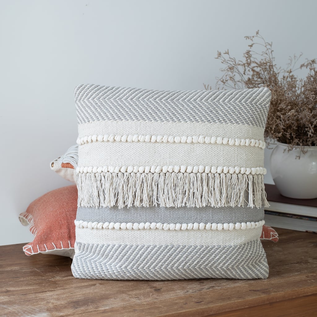Handwoven Striped Square Throw Pillow with Fringes - 20" - Cream and Gray
