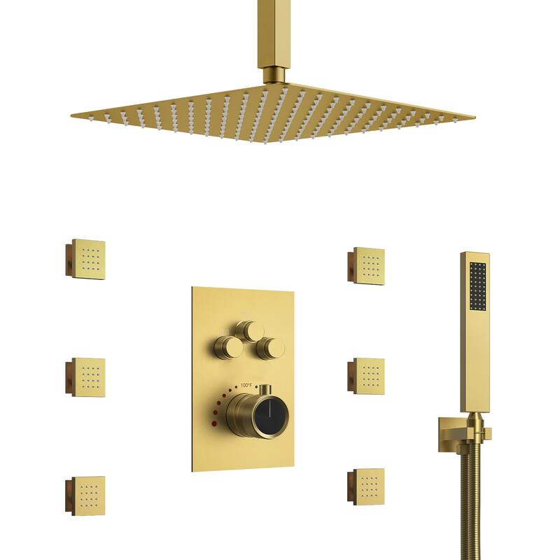 Shower System 12" Ceiling Rain Shower Head with 3-Way Thermostatic Faucet & Body Jets - Brushed Gold