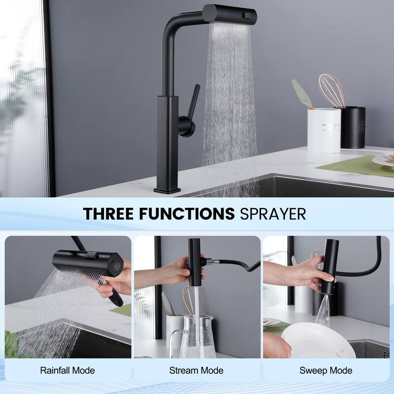 Modern 180 Degree Swivel Single Handle Kitchen Faucet with Pull Down Sprayer 3-Function Mode