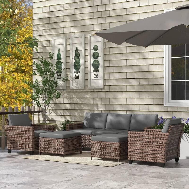 5PC PE Rattan Patio Set, Armchairs, Footstools, Cushions