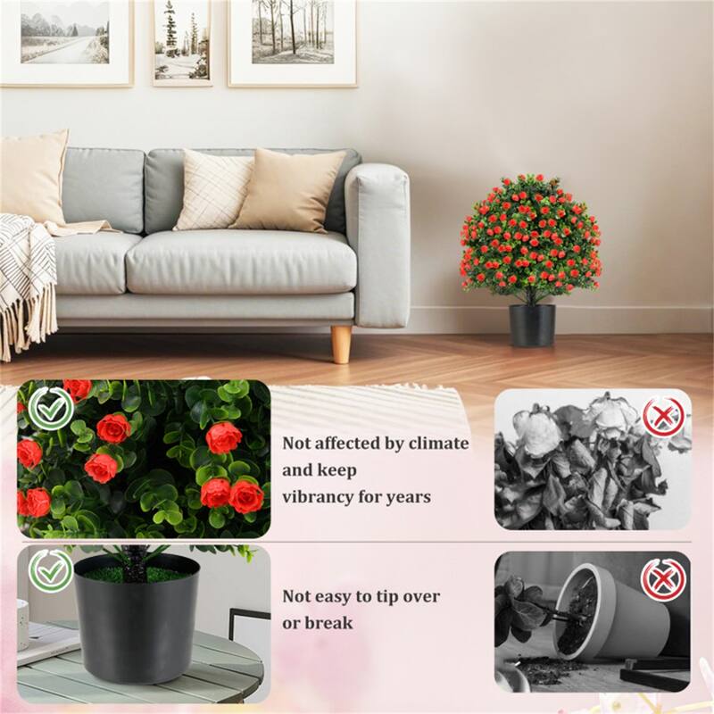 Set of 2 Artificial Ball-Shaped Rose Topiary Trees 21.5 Inch Green Red Black Faux Plants with Cement Pots Indoor Outdoor - 21.5"