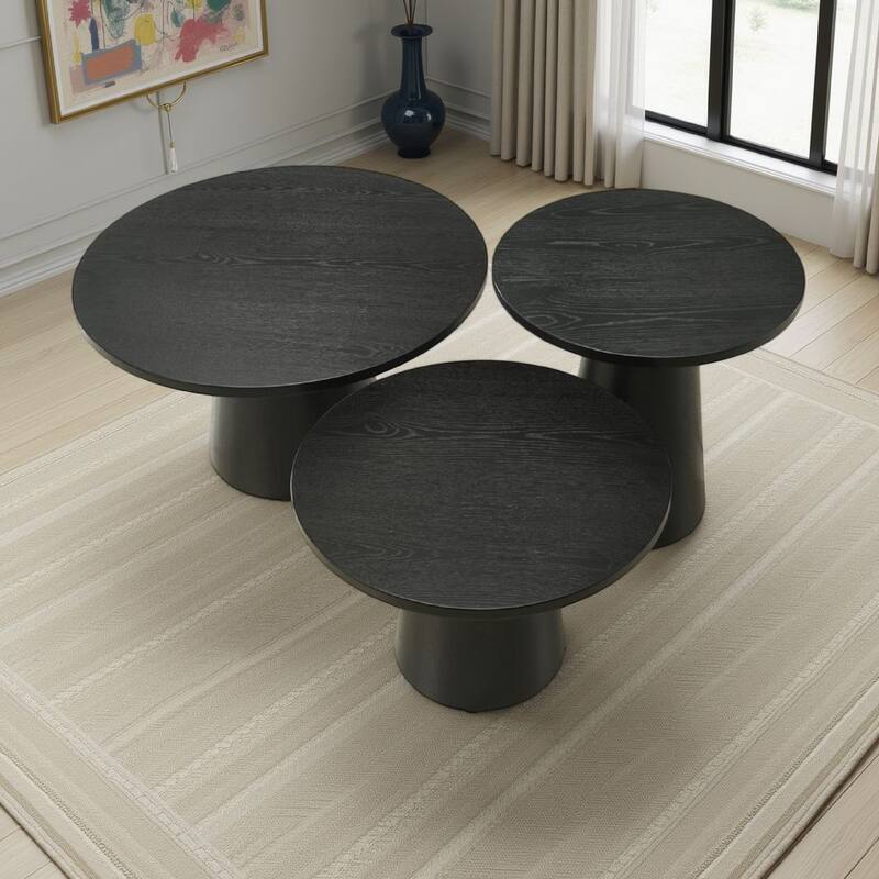Bili 3pc Round Coffee, End and Console Table Set, Ebony Black Wood