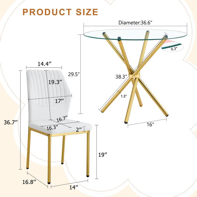 4-Piece Dining Set with 36.6'' Round Tempered Glass Table & White-Gold Chairs - Modern Luxe Style for Living Room & Kitc