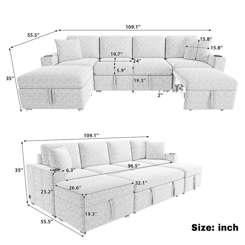 Convertible Sectional Sofa with Pull-out Sofa Bed and Dual Cup Holders