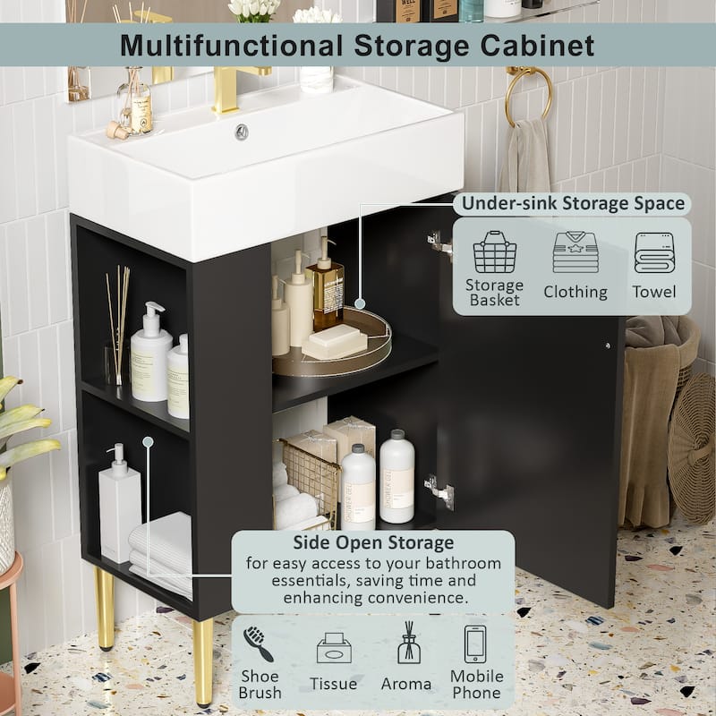 21.6" Bathroom Vanity with Sink, Left Side Storage Pocket, Ceramic Basin, Gold Legs, Modern Freestanding Cabinet