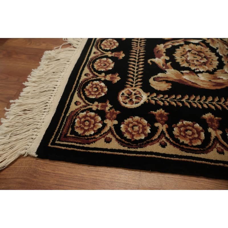 Hand Knotted Oriental 100% Wool Carpet Traditional Floral Black Aubusson Area Rug - 6' 0'' X 4' 1''