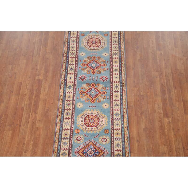 Hand Knotted Oriental 100% Wool Carpet Traditional Geometric Navy Blue & Blues Kazak Runner Rug - 9' 0'' X 2' 9''