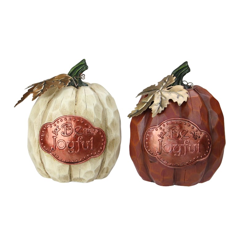 Autumn Harvest "Be Joyful" Pumpkin Figurines - 7.75" - Set of 2