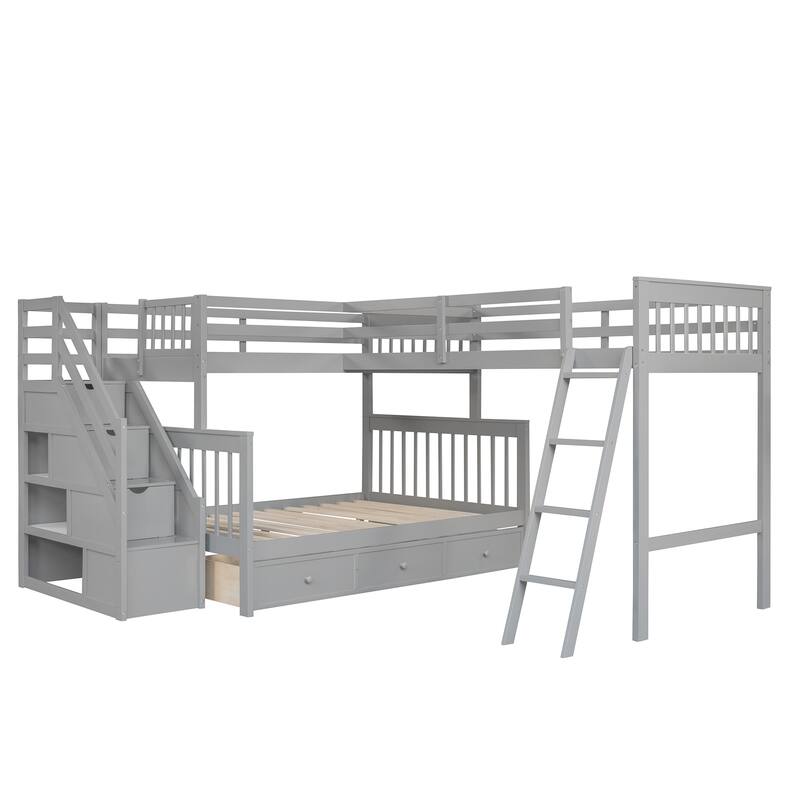 Twin over Full L-Shaped Bunk Bed With 3 Drawers, Ladder and Staircase - Grey
