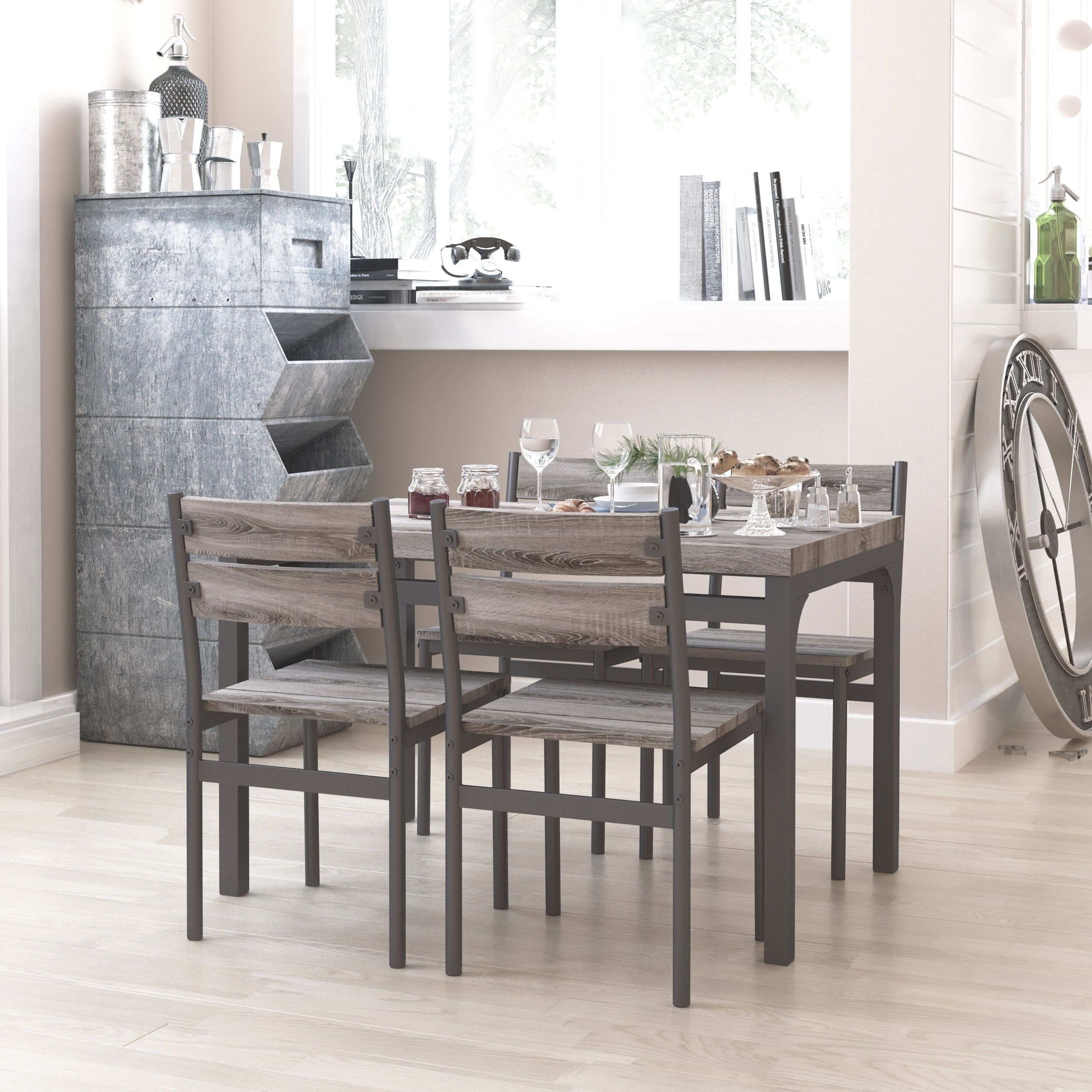 Shop Zenvida 5 Piece Dining Set Rustic Grey Wooden Kitchen Table And 4 Chairs Overstock 31453472