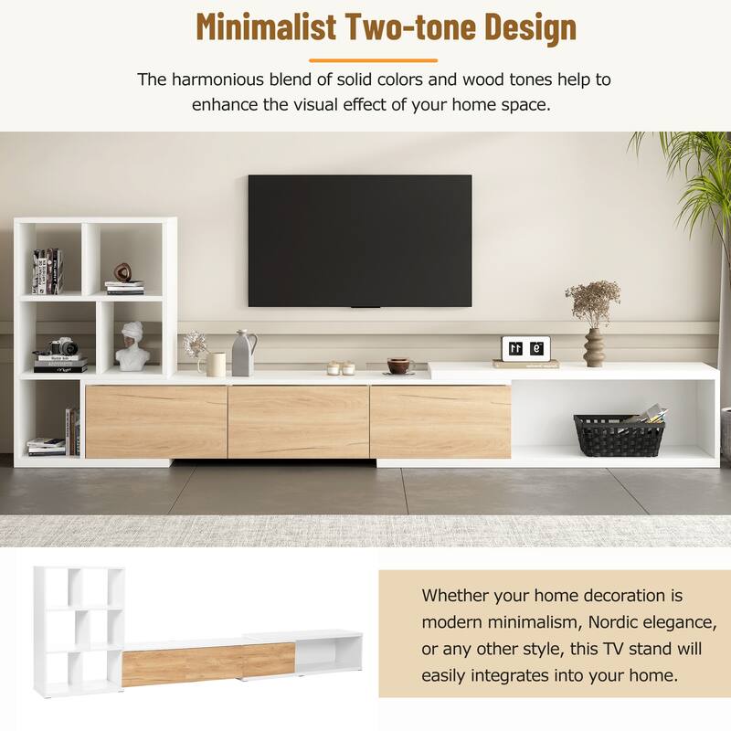 Extendable TV Stand with 3 Tier Bookshelves for TVs up to 110'', Adjustable Entertainment Center with Cabinets.