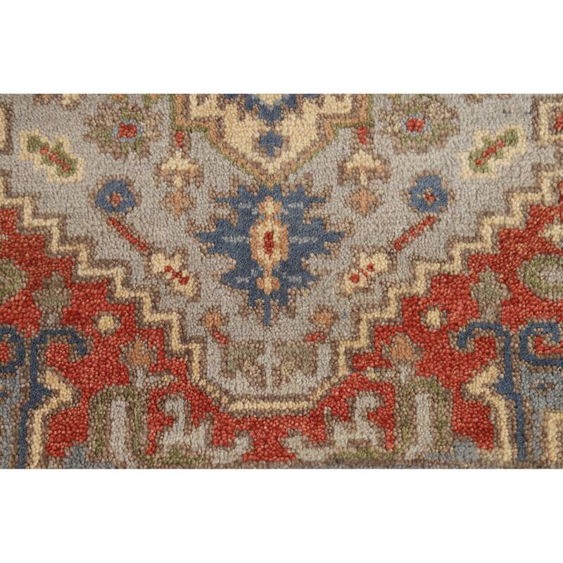 Hand Knotted Oriental 100% Wool Carpet Traditional Geometric Greys & Charcoal Heriz (serapi) Runner Rug - 7' 11'' X 2' 7''