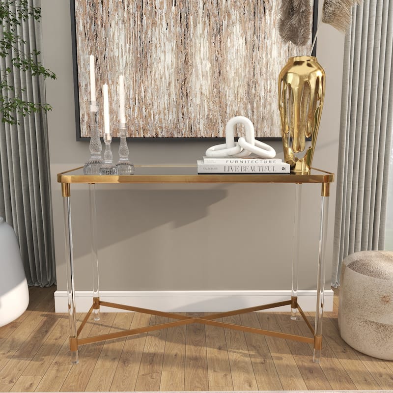 Gold Metal Console Table with Mirrored Top and Acrylic Legs