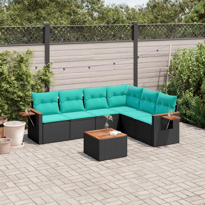 vidaXL 6 Piece Patio Sofa Set with Cushions Black Poly Rattan - 21.7x27.2x24.4-With table