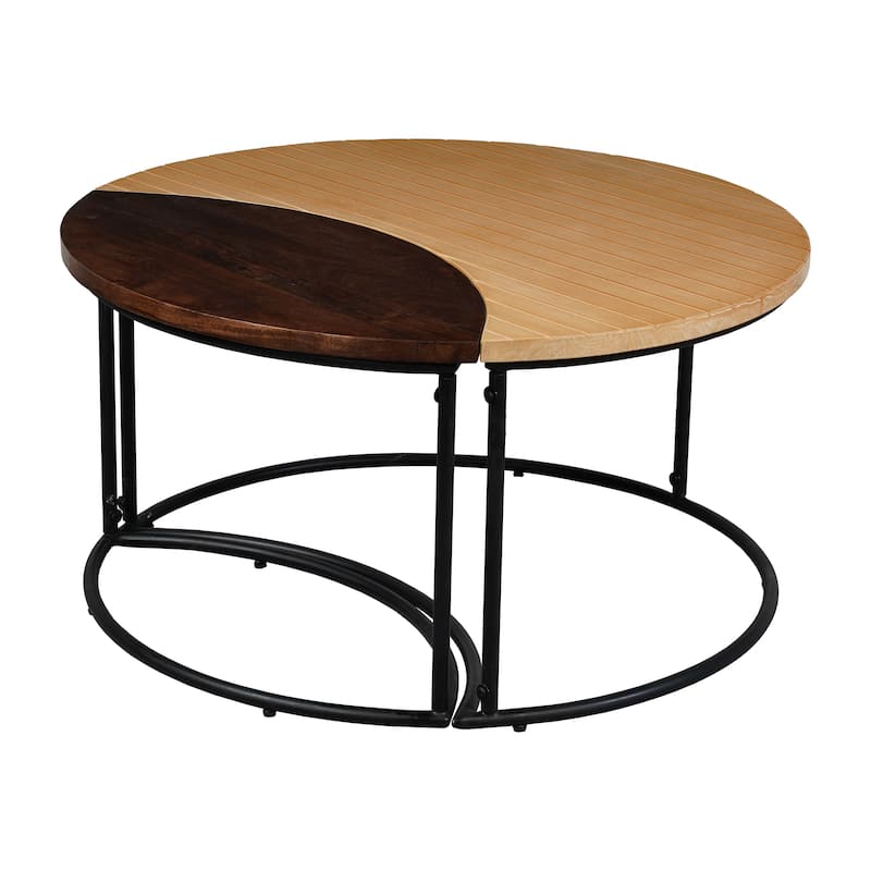 35 Inch 2 Piece Coffee Table with Black Iron Frame, 2 Tone Mango Wood Top In Natural Brown and Walnut