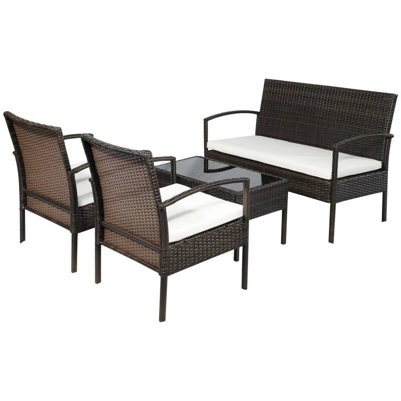 4PCS PE Rattan Conversation Set, Sofa Loveseat Table, All Weather