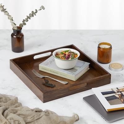 KINWELL Square Black Walnut Wood Serving Tray Ottoman Tray with Handles