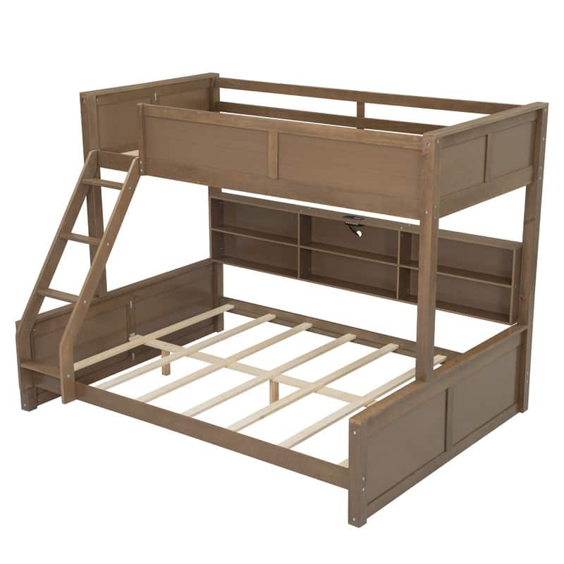 Twin XL / Full XL over Queen Bunk Bed with Open Cabinets and Charging Station, Storage Kids Bed Frame with Ladder