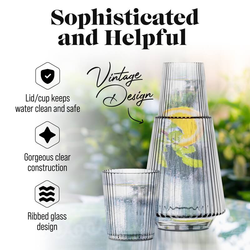 American Atelier Vintage Bedside Water Ribbed Carafe with Lid Tumbler