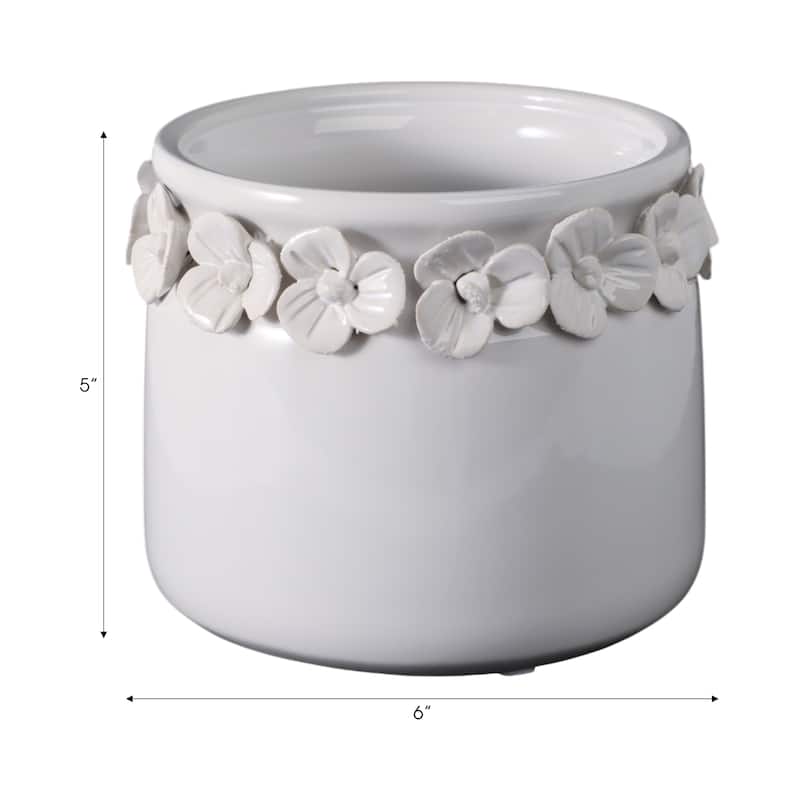 Ceramic Round Planter Sculpted Floral Rim Detail and Drainage Hole