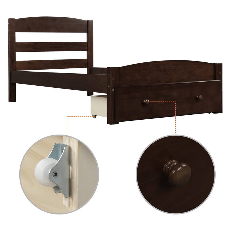 Elegant Twin Wood Bed Frame with Storage Drawer and Curved Headboard - Durable Platform Bed