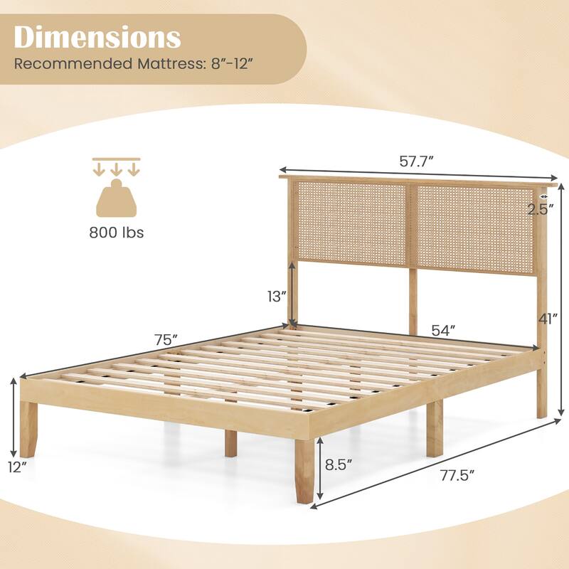 Gymax Twin/Full/Queen Size Bed Frame w/ Rattan Headboard 10 Solid Wood