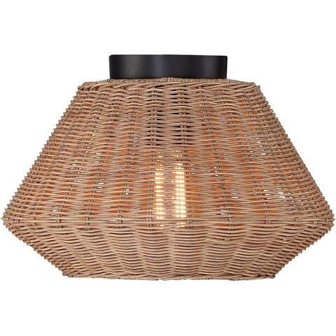 True Fine Eclectic Natural Rattan Semi Flush Mount Ceiling Light with Black Hardware - 13.8 in. W