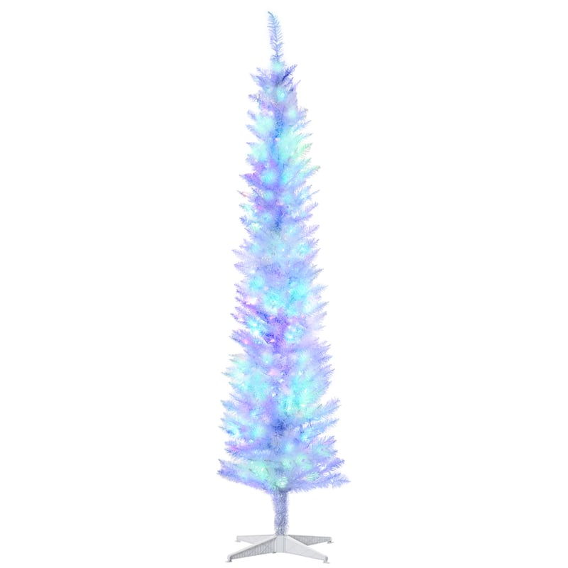 HOMCOM 7ft Tall Pencil Prelit Artificial Christmas Tree Holiday Décor with 500 Colorful Surface Branches, White - 6.89 ft