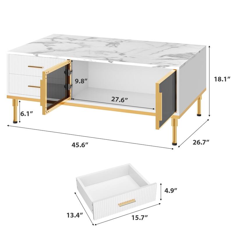 Minimalist Coffee Table with Faux Marble Surface, Glass Storage Doors