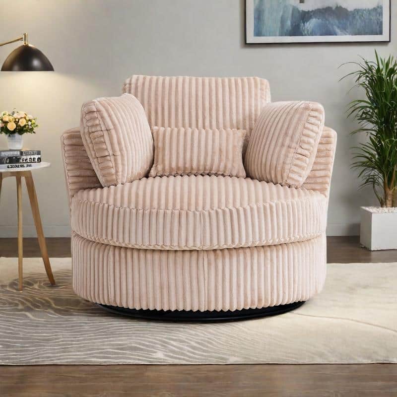 Corduroy 360° Swivel Barrel Chair with 4 Pillows and 400lb Weight Capacity - Beige