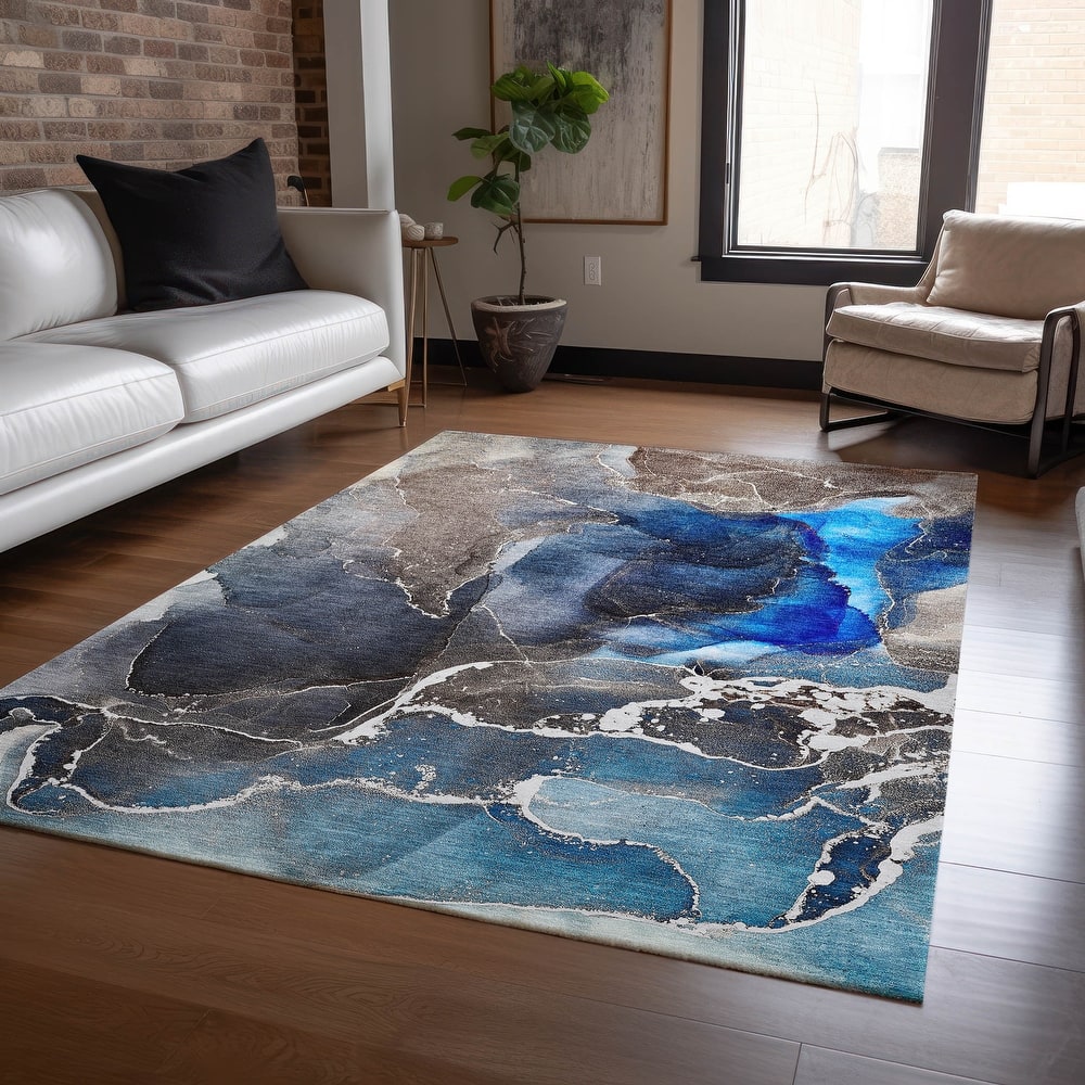 Machine Washable Indoor/ Outdoor Chantille Abstract Navy Rug