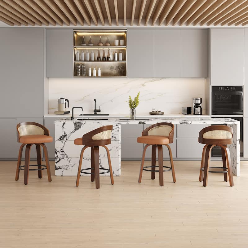 2-Piece Swivel Barstool Set - Modern Wood Frame with Rattan Back & PU Leather