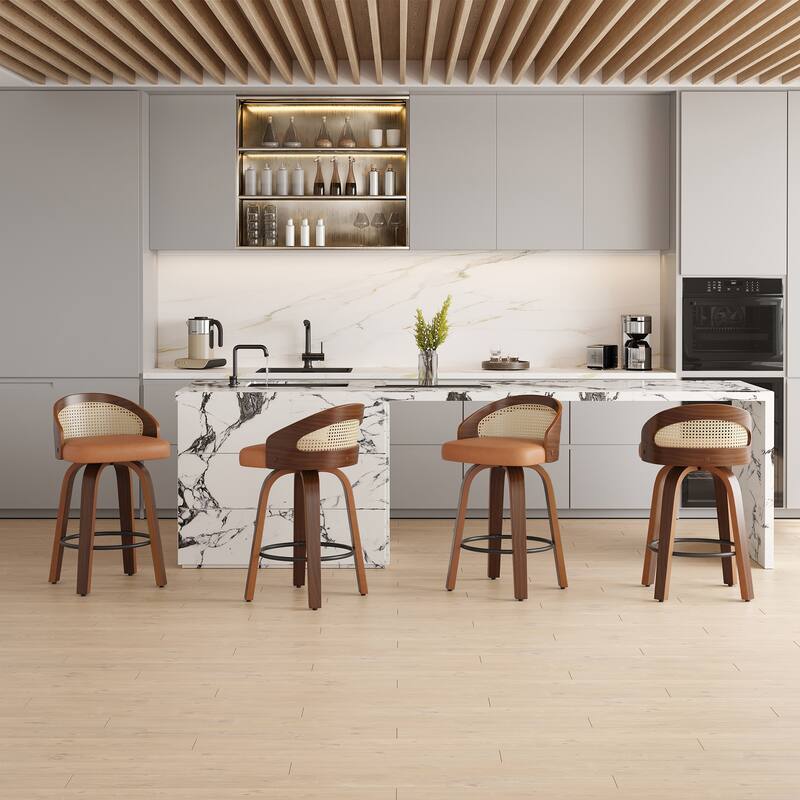 Swivel Bar Stools Set of 2, Modern Wood Frame with Rattan Back, PU Leather Stool for Kitchen Counter, Upholstered Barstools